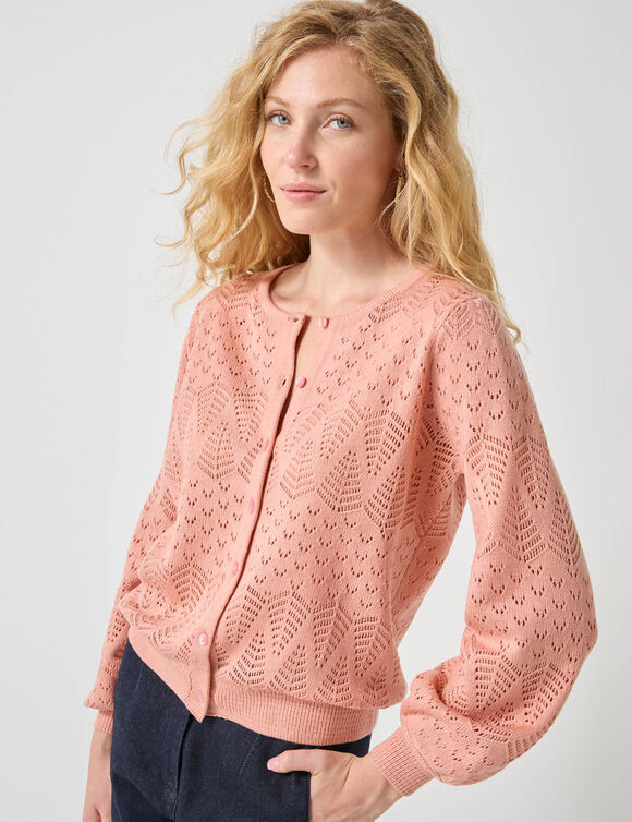 Gilet boutonné, maille pointelle (rose poudré) Gilet boutonné, maille pointelle (rose poudré)